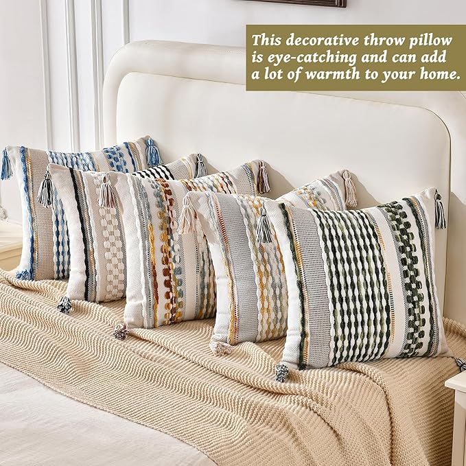 AmHoo Chenille Striped Textured Boho Throw Pillow Covers Aesthetic with Tassels Woven Decorative Pillow Case for Couch Bed Sofa Bedroom Modern Funky 18 x 18-Inch Grey