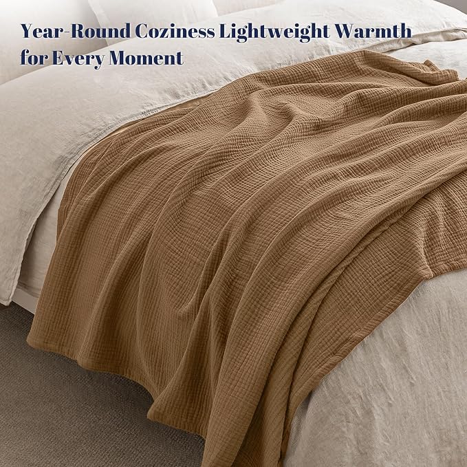 PHF 100% Cotton Muslin Blanket King Size 108"x90", 4-Layer Lightweight Gauze Throw, Breathable Cloud-Soft Minimalist Blanket for Bed, Couch, Camping & Baby, Coco Brown, Ideal Gift