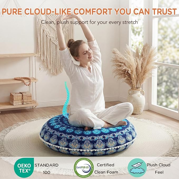 Codi Meditation Floor Pillow Set of 2, Round Large Pillows Seating for Adults, Bohemian Mandala Circle Cushion for Outdoor Fireplace Yoga Living Room, 32 Inch, Memory Foam Added, Navy