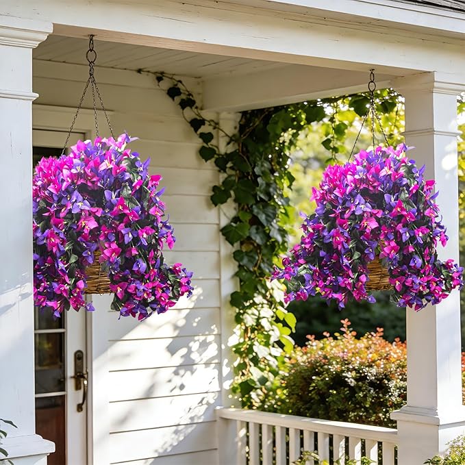 Grunyia 4 Pack Artificial Bougainvillea Hanging Basket Flowers – UV Resistant Fake Flowers with Silk Petals, Realistic Trailing Plants, Outdoor Indoor Wall Garden Home Wedding Decor