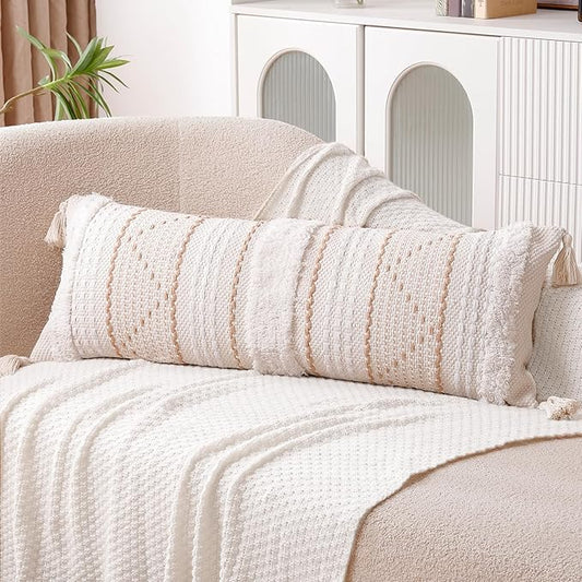 14x36 Lumbar Pillow Cover, Boho Tufted Decorative Throw Pillowcase with Tassels for Bed Couch & Sofa, Modern Farmhouse Accent Cushion, Cream Beige (Cover Only)