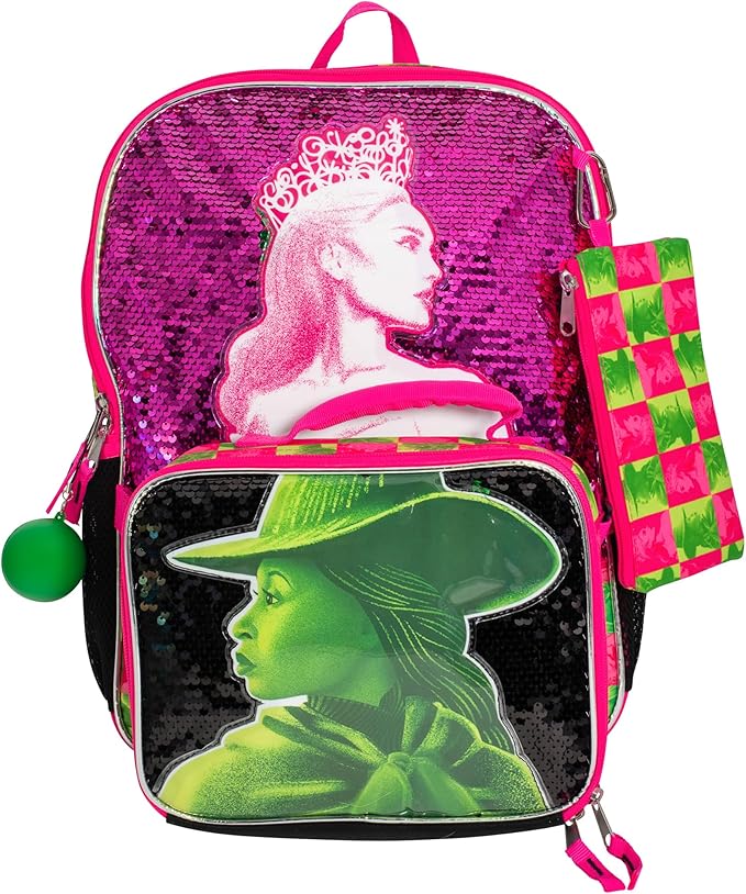 AI ACCESSORY INNOVATIONS Wicked 5 Piece Backpack Set, Galinda & Elphaba Flip Sequin Girls School Bag with Front Zip Pocket, 2 Side Mesh Pockets, Pink & Green