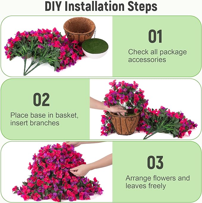 3 pcs Fake Bougainvillea Artificial Hanging Flowers Basket for Outdoors Decoration Faux Hanging Flowers Plants for Outdoor Planters Silk Bougainvillea Vines for Front Door Porch Patio Garden