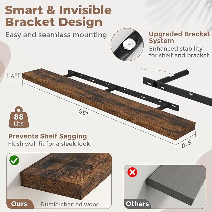 Venusmiles Floating Shelves for Wall, 55 Inch Floating Shelves Set of 1, 6.5" D Wooden Wall Mounted Display Shelves with Invisible Brackets for Living Room, Bedroom, Bathroom, Kitchen Decor, Brown