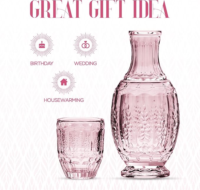 Elle Décor Vintage Bedside Water Carafe With Tumbler – Elegant Pitcher and Matching Drinking Glass Doubles As Lid For Guest Room, Office-Makes A Gift, 4.7x10.4, Pink