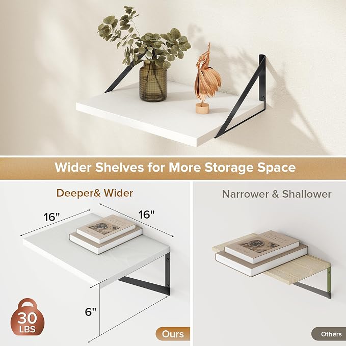 Acovy Deep Floating Shelves Wall Mounted, 16"x12" White Wall Shelves with Brackets Set of 2 for Bedroom, Living Room, Bathroom, Kitchen, Office - Storage & Display Shelf for Decor, Books, Plants