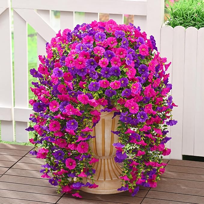 Dolicer 2 Packs Look Real Artificial Flowers for Outdoors, Fake Artificial Hanging Flowers for Outdoors Realistic UV Resistant Hanging Flowers Silk Petunia Faux Flowers for Porch Patio(Purple+Fuchsia)