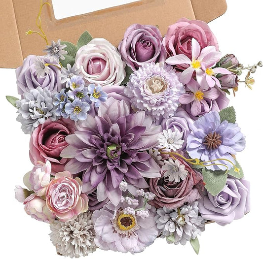 rongflower Purple Artificial Flowers Combo Box Set Silk Flowers Fake Rose for DIY Floral Arrangements Wedding Bouquets Centerpieces Baby Shower Party Home Decorations