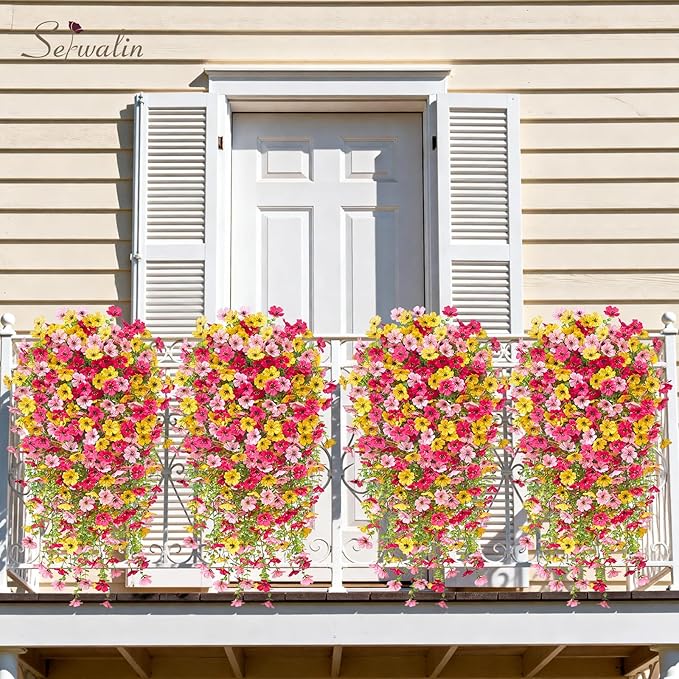 Serwalin 6PCS Artificial Hanging Flowers for Outdoors, UV Resistant Fake Hanging Plants, Realistic Weatherproof Outdoor Decor for Patio, Porch, Garden & Window (Yellow, Hot Pink & Pink,6PCS)