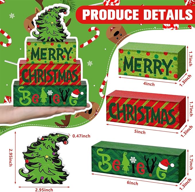 Marsui 4 Pcs Merry Christmas Table Decor Green Red Xmas Tiered Tray Decor Rustic Xmas Tree Believe Holiday Wood Sign Block Farmhouse Christmas Centerpiece for Tables Home Office Desk Shelf Gifts