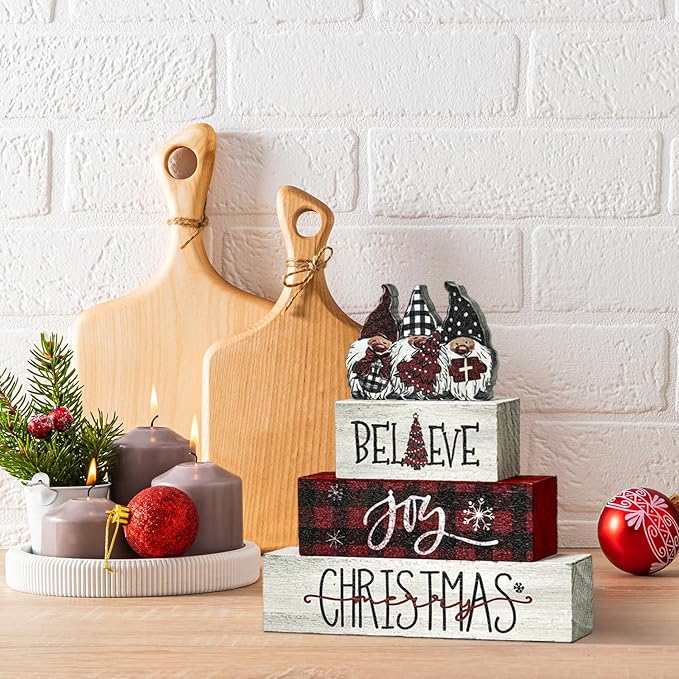 Smile 4 Pcs Christmas Indoor Decoration Wooden Sign, Tabletop Decor Gnome Believe Joy Christmas, Ornaments for Home Shelf Mantel Fireplace.