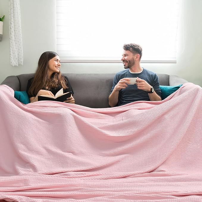 PHF 100% Cotton Waffle Weave Family Blanket Oversized King 120"*120", Pre-Washed Lightweight Breathable for Spring Summer, Machine Washable,10'x 10' Huge Extra Large Big, Home Decoration Gift - Pink