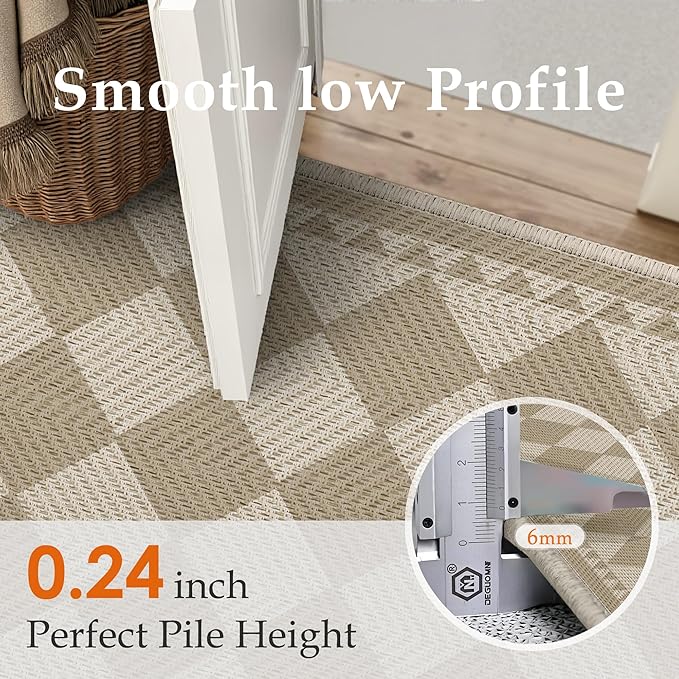 HUGEAR 3x5 Outdoor Rug Brown/Beige Linen-Look Fabric Checkered Area Rug High Traffic Stain Resistant Easy Clean Durable Rugs for Indoor/Outdoor Patio Deck Balcony Porch Garden Courtyard