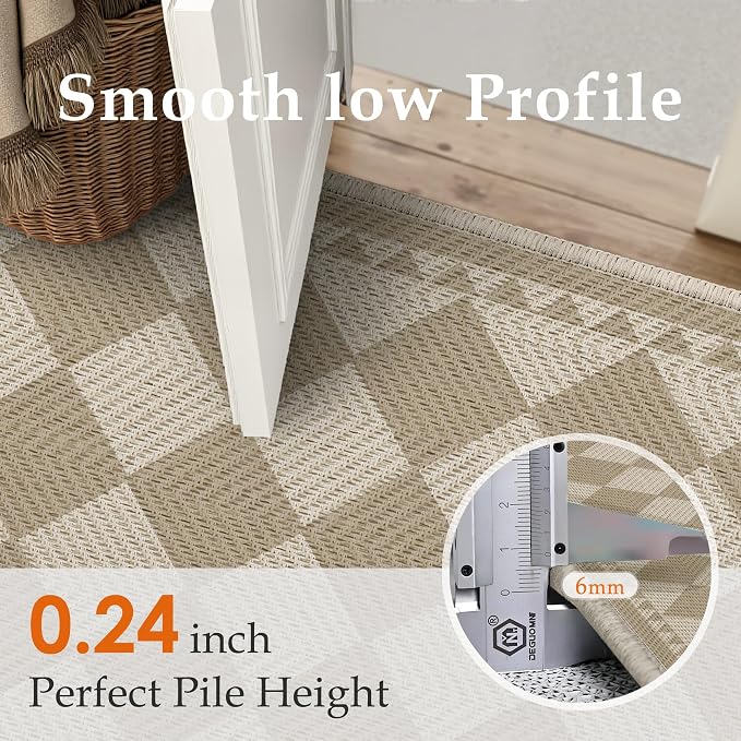 HUGEAR 6x9 Outdoor Rug Brown/Beige Linen-Look Fabric Checkered Area Rug High Traffic Stain Resistant Easy Clean Durable Rugs for Indoor/Outdoor Patio Deck Balcony Porch Garden Courtyard