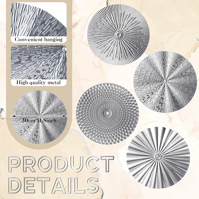 Hicarer 4 Pcs 12 Inch Metal Wall Art Decor Sunburst Hanging Metal Artwork Decor Wall Art Decorations for Home Living Room Office Gift for Christmas(Silver)