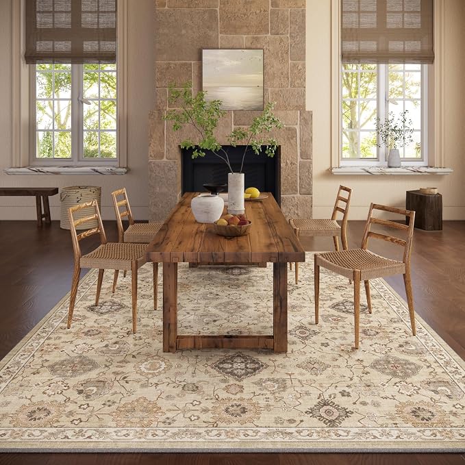 Machine Washable Rug for Living Room: 9x12 Area Rugs Boho Vintage Rug Stain Resistant Non Slip Low Pile Soft Lightweight Carpets for Bedroom Kitchen Dining Room Nursery Kids Room Farmhouse