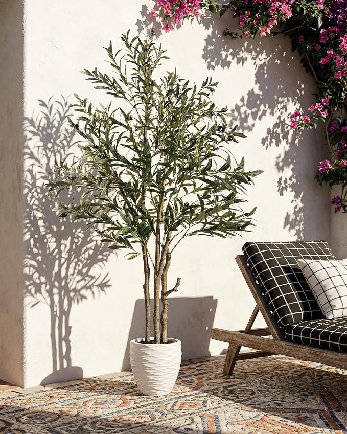 KOL 6ft Artificial Olive Tree Indoor, Tall Faux Olive Trees, Lifelike Fake Olive Tree Floor Plant for Home Office Living Room Decor with Matte Beige Pot