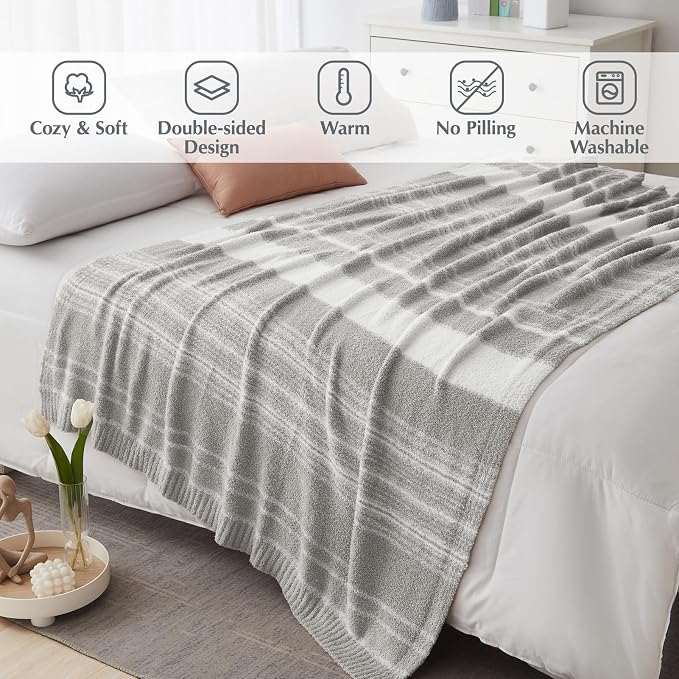 WRENSONGE Soft Throw Blanket for Couch-Cozy Reversible Knitted Blankets | Lightweight Warm Fluffy Decor for Women, Mom, Her & Girls, Sofa, Chair, Bed, 50x70in,Grey Stripe