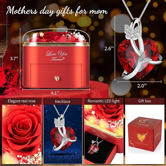 ENERLEAF Preserved Red Real Rose with Necklace Jewelry Box -Eternal Flowers Rose Gifts for Grandma Wife Girlfriend on Valentines Mothers Day Christmas Birthday Anniversary Romantic Gifts for Her