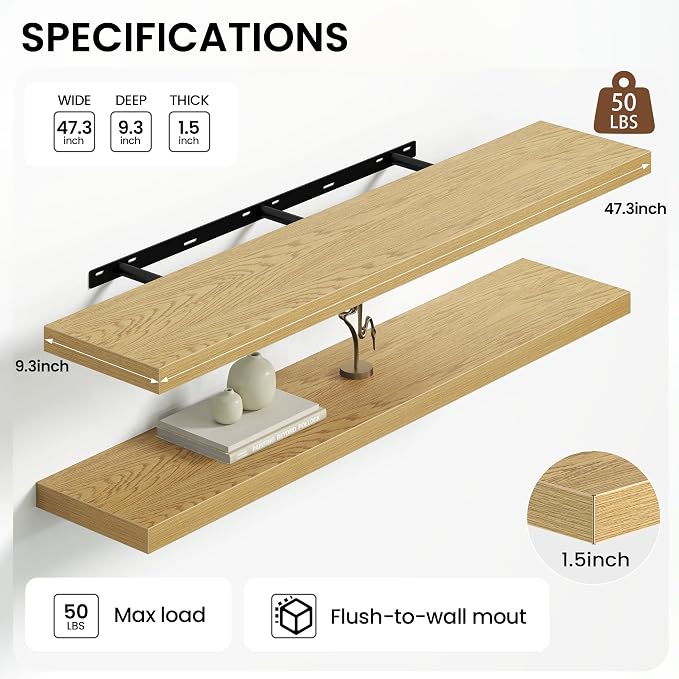 Heimlove Floating Shelves for Wall 48 Inches Long,9.3" Deep Oak Floating Shelf Set of 2,Wall Mounted Wood Shelves for Bathroom Bedroom Living Room Kitchen Office,Shelf for Books Storage Room Decor