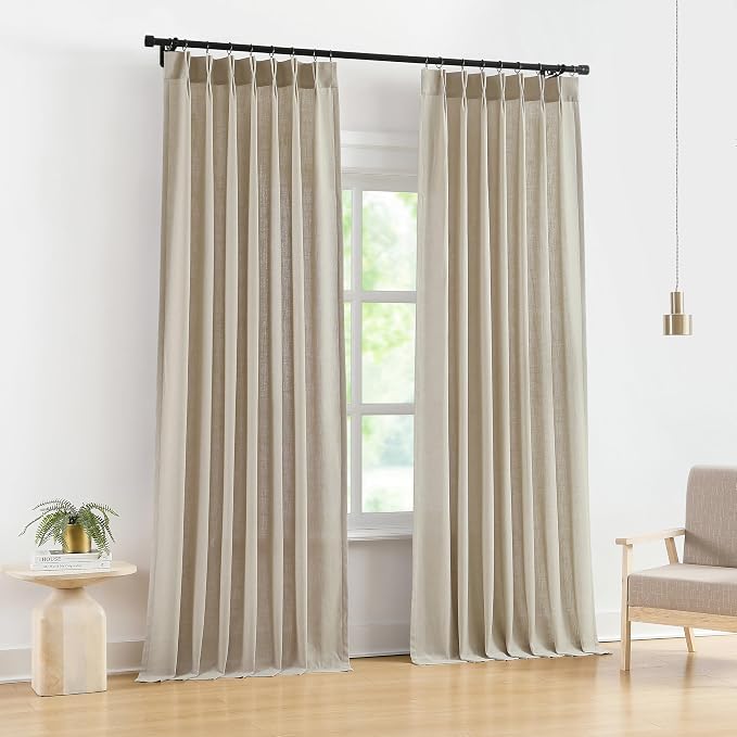 Vision Home Sand Pinch Pleat Light Filtering Curtains with Microfiber Liner 102 inch Linen Blended Textured Privacy Drapes for Living Room Bedroom Back Tabs with Hooks 2 Panels 40"Wx102"L,Camel Beige