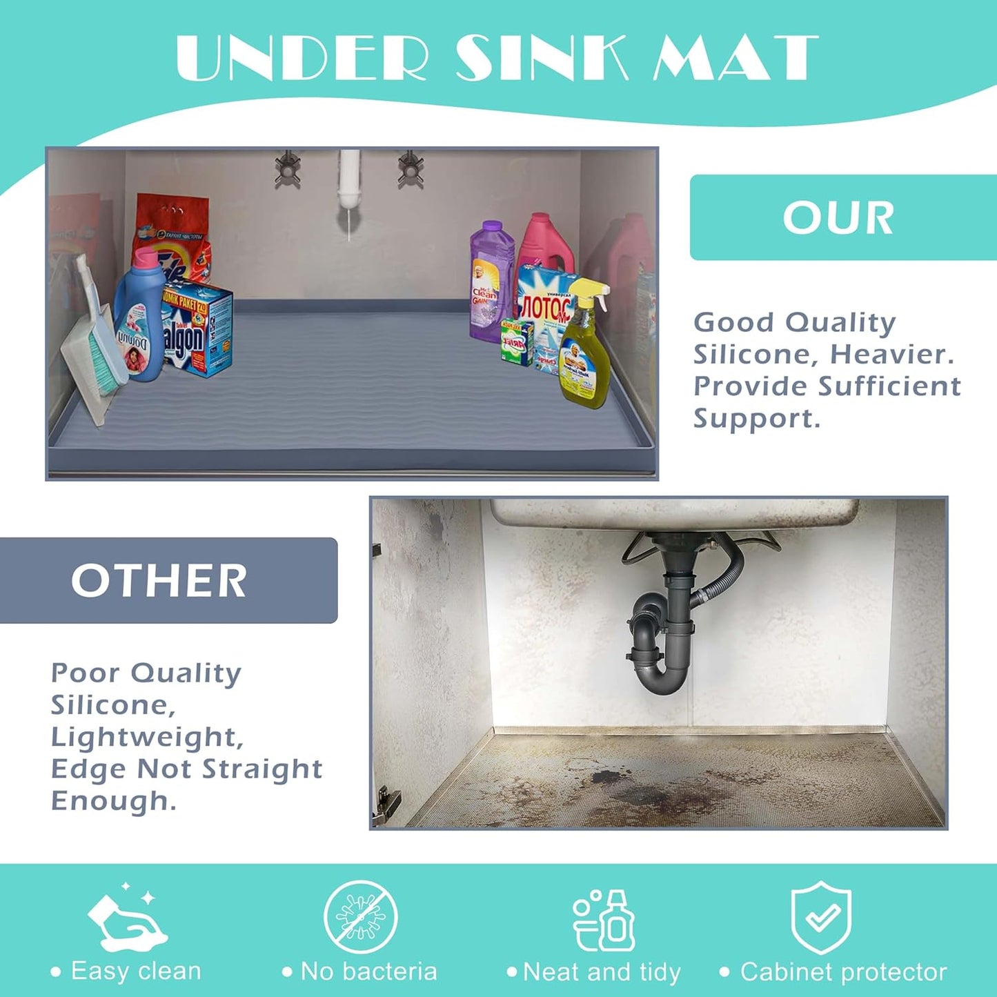 URMONA Waterproof Silicone Under Sink Mat 16'' x 10'' Shelf Liner for Kitchen and Bathroom, Cabinet and Counter Protector, Storage and Organizers, Litter Mat, Pet Cat Puppy Essentials(Beige)