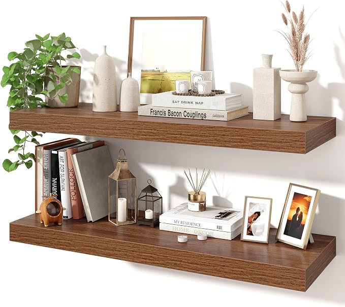 Axeman 32Inch Floating Shelves for Wall, 2 Pack Shelves for Bedroom, Bathroom, Kitchen, Hanging Wall Mounted Rustic Wood Shelf with Invisible Brackets for Books Decor, Walnut