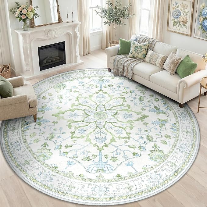 RELEANY Area Rugs Round 8ft Washable Non-Slip, Floral Vintage Distress Print Pattern Medallion Carpet for Living Room Bedroom Dining Room, Green White Blue