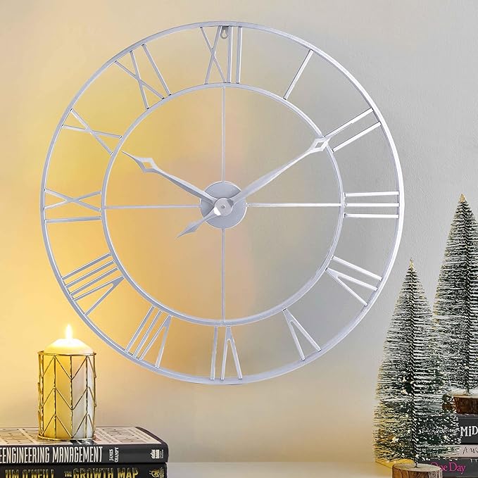 CLXEAST Large Modern 30 Inch Wall Clock Silver, Oversized Big Roman Numeral Metal Wall Clocks for Living Room Decor, Home Office,Dinning Room