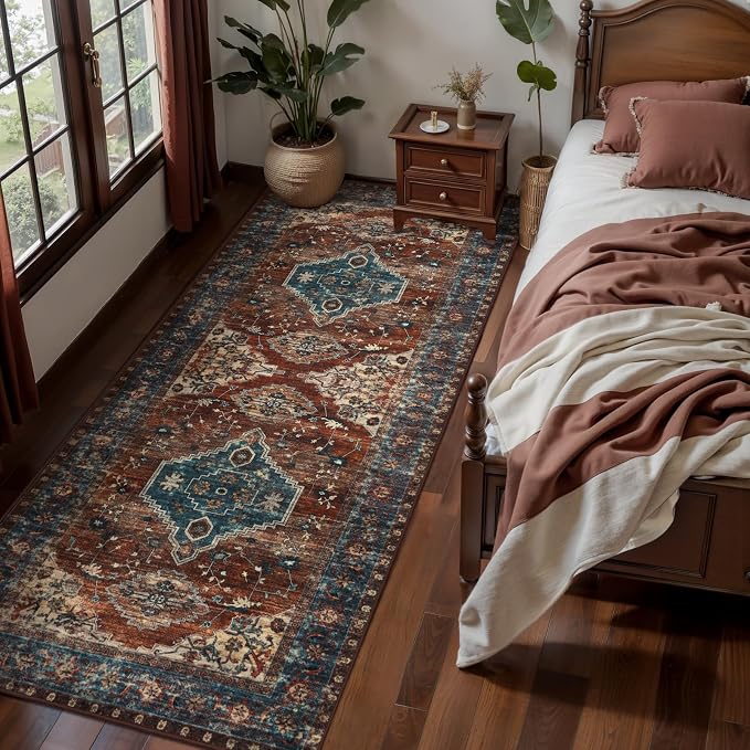Tangsoo Oriental 2x6 Washable Runner Rug for Hallways, Non Slip Vintage Runner Rug, Soft Low Pile Long Rug Runner, Print Carpet Runners for Kitchen Bedroom Entryway Bathroom Living Room Rust