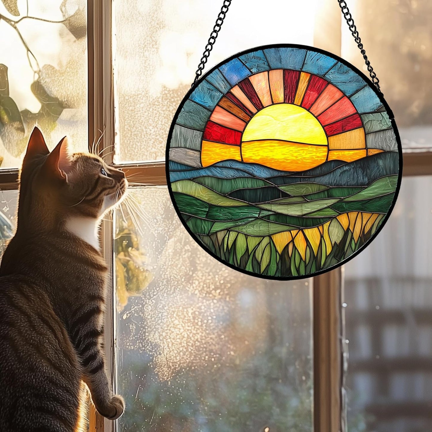 Stained Glass Window Hanging, Golden Red Sun Green Mountain Suncatcher for Window Home Decor Nature Landscape Sun Catcher Mother's Day Birthday Gifts for Women Men Mom Nana 15 in