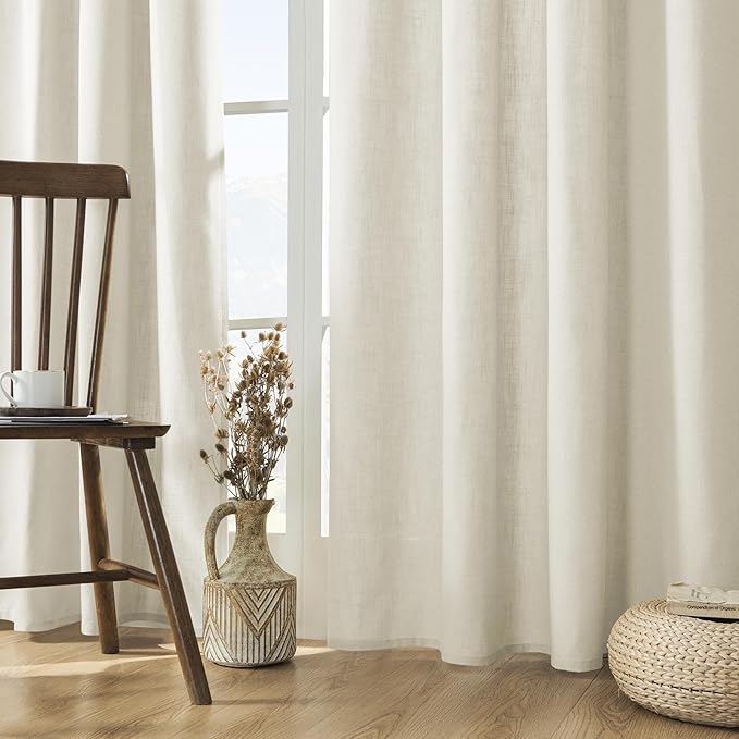 Joydeco Linen Curtains 2 Panel Set - Light Filtering, Ivory on Linen, 96 Inch for Living Room, Cream Drapes With Rod Pocket Back Tab (96" L x 37" W)