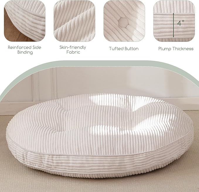 HIGOGOGO 35" Floor Pillow Cushion for Adults, Meditation Cushion Pillow, Extra Large Square Floor Sitting, Tufted Corduroy Cover for Tatami Living Room or Yoga, Beige
