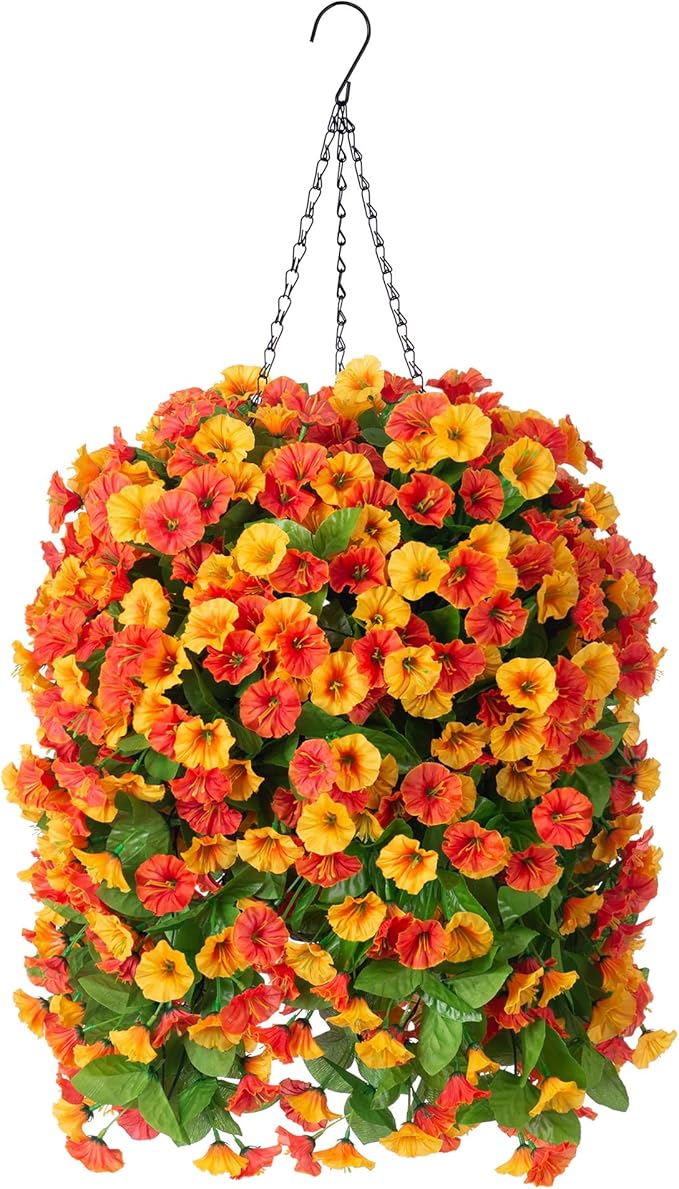 INXUGAO Artificial Flowers with Hanging Basket, Outdoor Faux Plants Silk Morning Glory Vines, Fake Green Arrangement for Garden Patio Spring Summer Decor(4pcs,Orange)