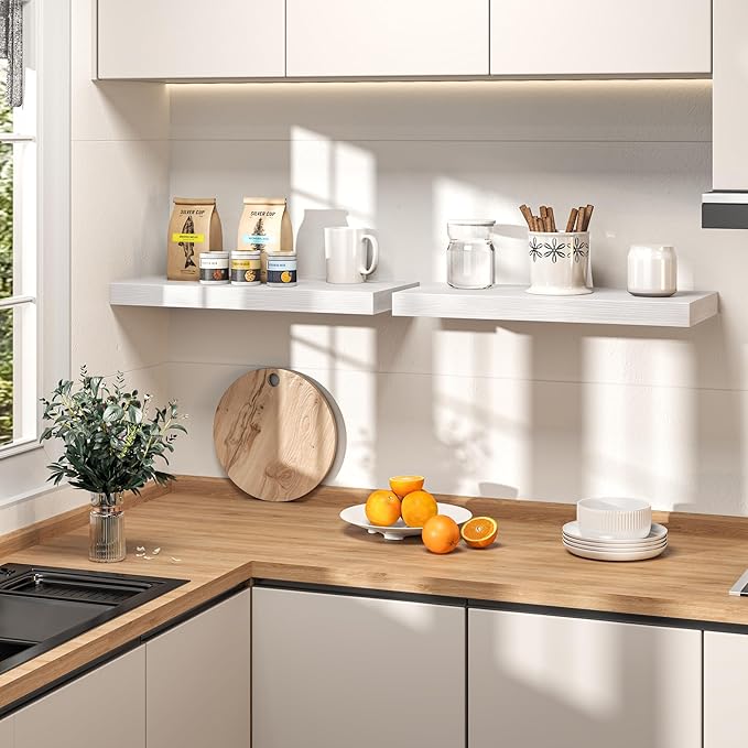 Fun Memories Floating Shelves for Wall with Invisible Brackets, 10 Inch Wall Mounted Wood Shelves with Wood Grain for Living Room, Bedroom, Bathroom, Kitchen Decor and Storage, White - Set of 3