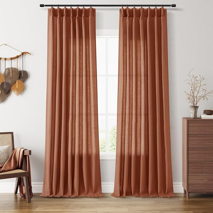 Terracotta Pinch Pleated Linen Curtains 102 Inches Long 2 Panels for Living Room Bedroom Country Boho Farmhouse Back Tab Privacy Light Filtering Semi Sheer Pleated Drapes with Hooks Rings 40x102