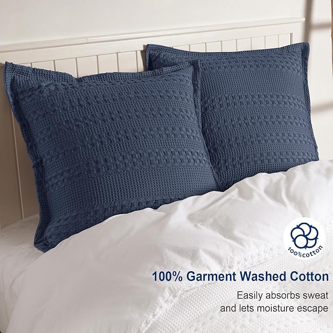 PHF 100% Cotton Ruffle Waffle Weave Euro Sham Covers, 2 Pack 26" x 26" Bed Pillow Covers for Elegant Home Decor, No Filling, Luxury Aesthetic Euro Pillow Cases for Bed, Indigo