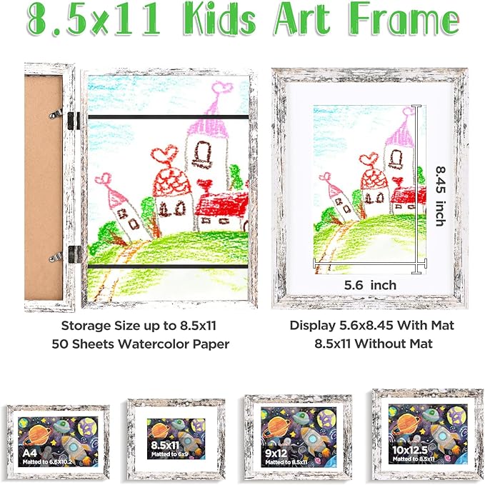 KINLINK 8.5x11 Kids Art Frame Set of 2, Solid Wood Kids Artwork Frames Changeable with Front Opening Hold 150 Pictures, Art Frames for Kids Art with Mat，without Mat 8.5x11 Picture Frame Rustic White
