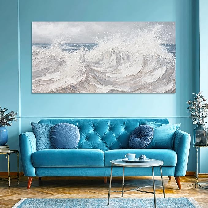 ZUNARE Abstract Ocean Wave Wall Art Blue Sea Canvas Painting with Gray Sky and Textured White Brown Waves, Moody Seascape Artwork for Living Room Bedroom Kitchen Office 24"x48"