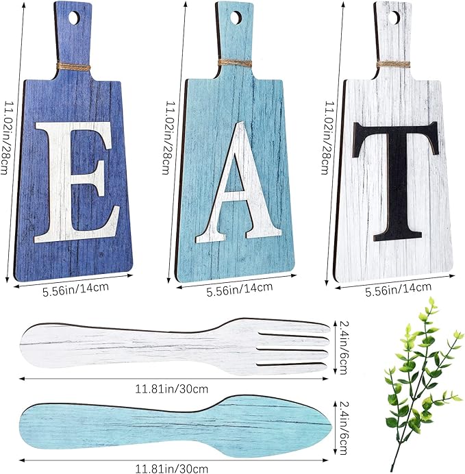 Jetec Cutting Board Eat Sign Set Hanging Art Kitchen Eat Sign Farmhouse Fork and Spoon Wall Decor Rustic Primitive Country Kitchen Decor for Home over Cabinet Decoration(Dark Blue, Light Blue, White)