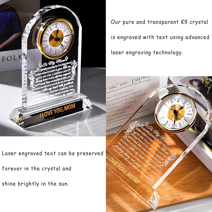 Ornalrist Gifts for Mom Crystal Clock Form Son Daughter on Mother's Day, Birthday - to My Mom Crystal Clock for Mother Desk Home Decor (8.8in, Gift Boxed)