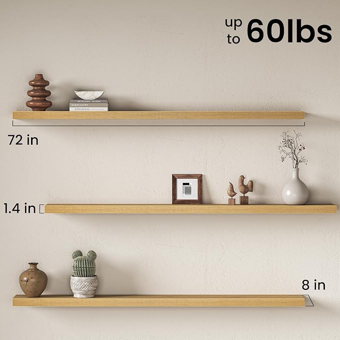 Fun Memories 72 Inch Floating Shelves for Wall 8 Inch Deep Oak Shelves Set of 2, Wall Mounted Rustic Wood Long Floating Shelf, Large Display & Storage Shelf with Invisible Brackets