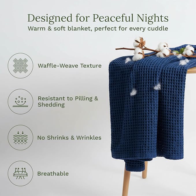 Blue Queen Size Waffle Weave Blanket - 100% Cotton, Soft and Cozy, Lightweight, Breathable and Perfect for Year-Round Comfort - Fits Queen and Full Bed (Blue - Queen/Full)