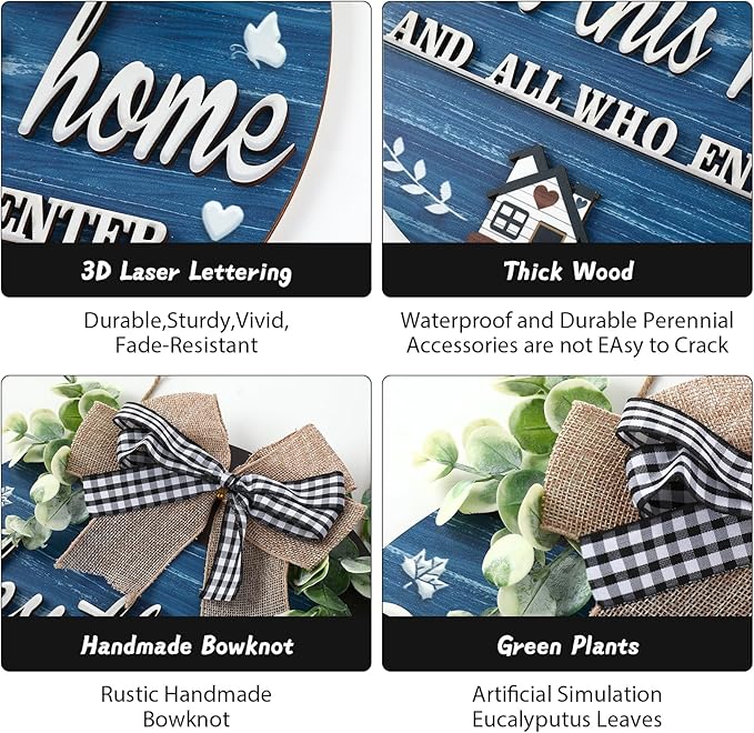 3D Bless This Home and All Who Enter Wooden Front Door Signs，Door Decorations Hanging,Christian Jesus Home Porch Wall Decor，Spring Wreaths，Door Wreaths for Front Door Outside All Season（Blue）