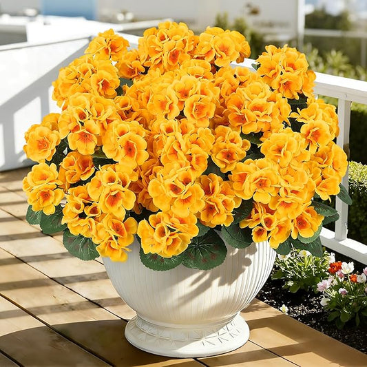 Ouddy Decor Artificial Geranium Flowers for Outdoors, Fake Silk Flowers UV Resistant Faux Geraniums for Vase Planter Garden Patio Balcony Porch Indoor Outdoor Spring Summer Home Decor, 24 Pcs Yellow
