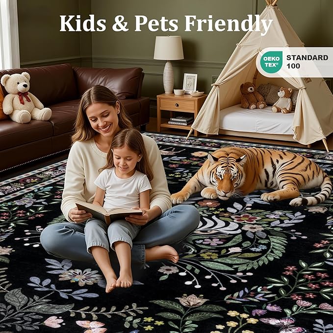 6x9 Area Rugs Living Room Rug: Vintage Washable Rug Floral Soft Carpet Indoor Floor Non-Slip Boho Stain Resistant Large Carpets for Bedroom Kids Nursery Dining Room Farmhouse Home Office Black