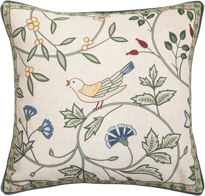 bilin gaier Designer Vintage Linen Throw Pillow Cover,18"x18"-Idaho A | Elegant Square Pillow Cover,Concealed Zipper Design,Floral and Bird Pattern,Sofa,Bedroom,Living Room,Lounge Chair