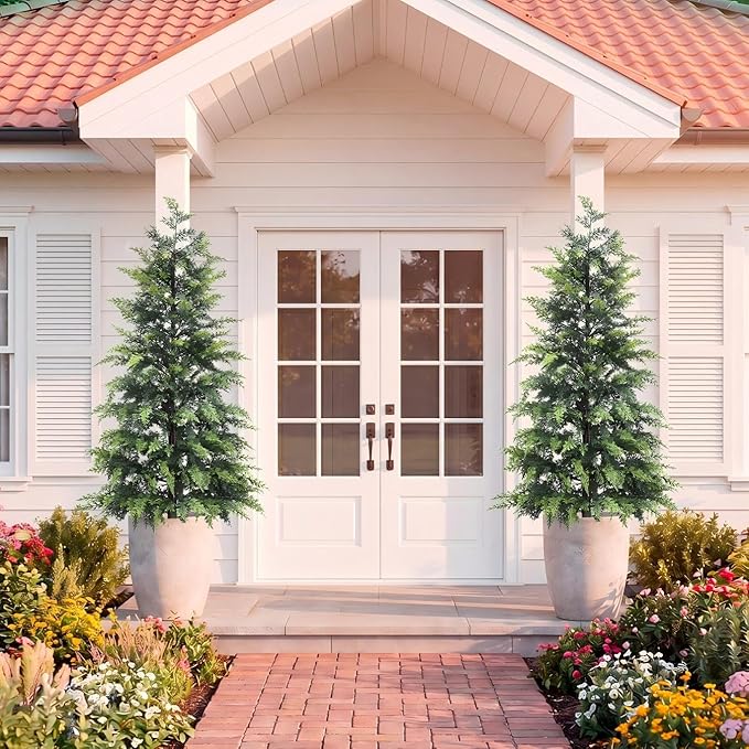 ENVEN Outdoor Artificial Topiary Cedar Tree Real Touch Faux Pine Evergreen Shrub Plant UV Resistant Greenery Tree with Pot Realistic Cypress Front Porch Decor (4FT-2Pack)