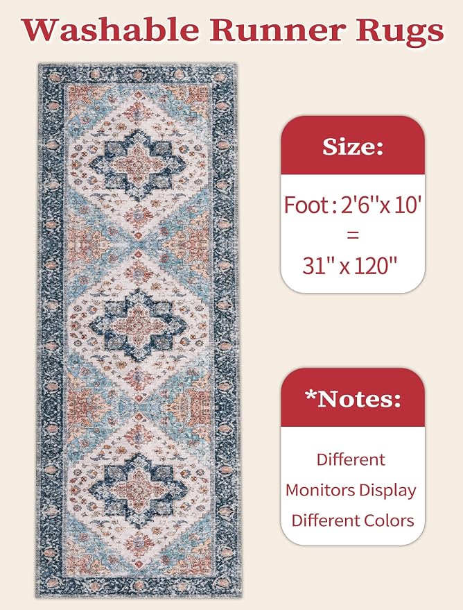 SERISSA Boho Washable Runner Rug, 2'6"x10' Long Non-Slip Vintage Blue Orange Hallway Kitchen Stair Runner Rug Ultra Soft Print Distressed Floor Carpet for Bedroom Bathroom Laundry Room