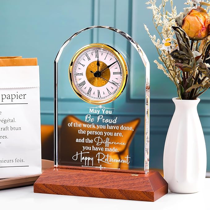 Retirement Clock Gifts for Women Men, Happy Retirement Gifts for Boss Coworkers, Going Away Gift for Retired Friends Leaving Presents for Leader Teacher, K9 Crystal Clock with Light Wooden Base